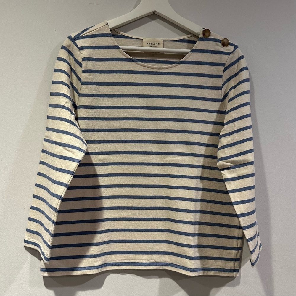 Sezane Colette Mariniere Long-Sleeved in Vintage Blue and Ecru Organic Cotton - Picture 4 of 6